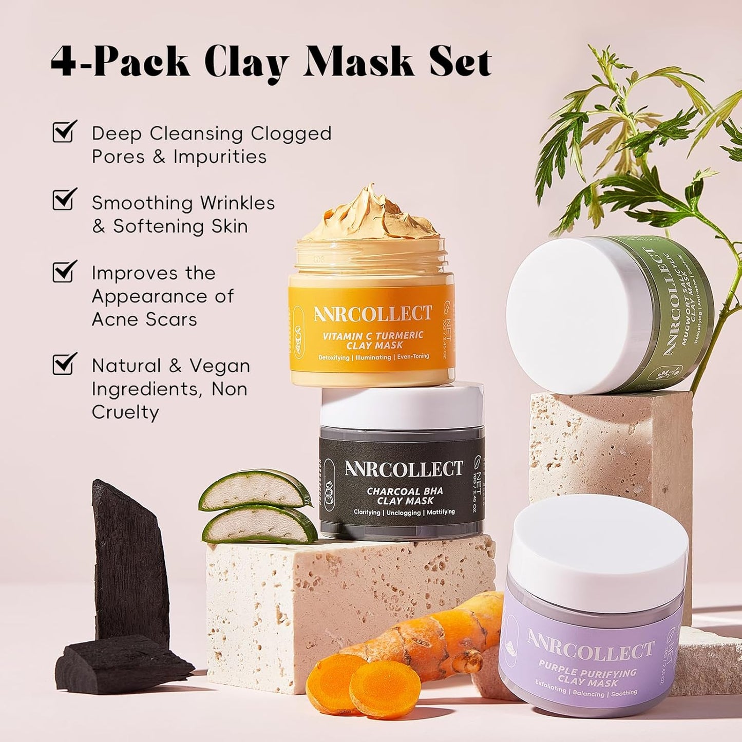 Face Mask Set, 4Pcs Clay Mask, Face Masks Skin Care with Vitamin C, Charcoal, Mugwort and Purple Clay, Skincare Gift Set for Blackheads, Refining Pores & Controling Oil, Dry Oily Skin
