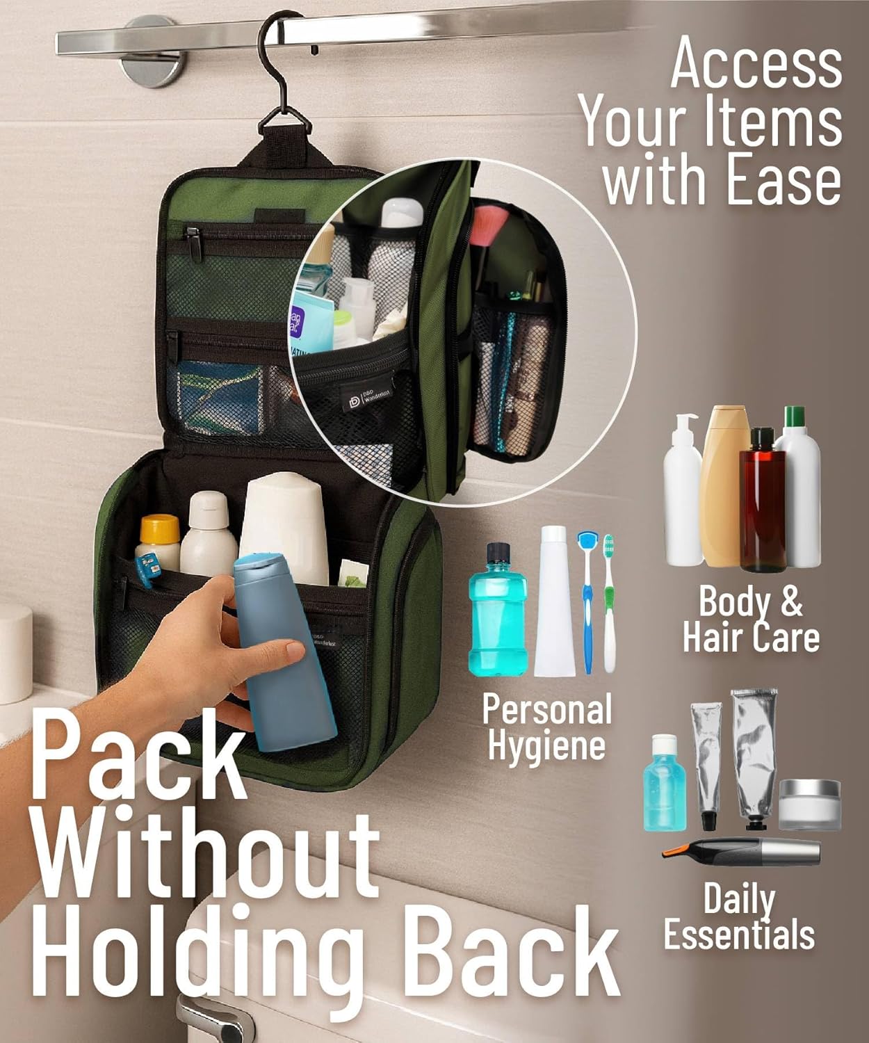 D&D Hanging Travel Toiletry Bag for Men and Women – Large Cosmetics, Makeup and Toiletries Organizer Kit with 10 Compartments, YKK Zippers, XXL Metal Swivel Hook, Water-Resistant Nylon