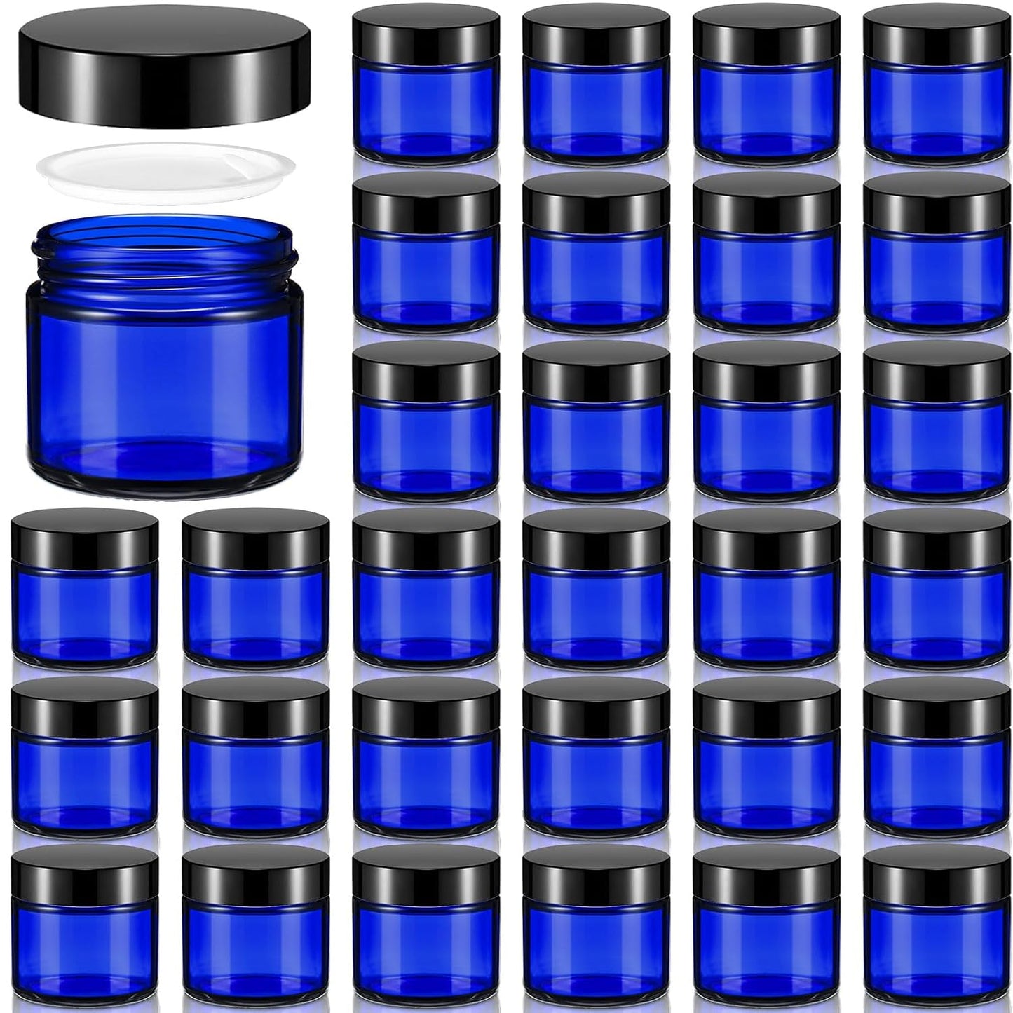 Domensi 32 Pcs 2 oz Glass Jars with Lids Travel Size Round Leakproof Empty Cosmetic Jars with Inner Liners Lid for Storing Makeup Lotions Face Cream Ointments Candle DIY Making (Cobalt Blue)