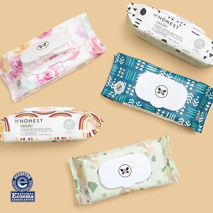 The Honest Company Clean Conscious Multi-Use Wipes | Hypoallergenic + Unscented for Sensitive Skin | Over 99% Water, Compostable, Plant Based, Baby Wipes | Geo Mood, 60 Count