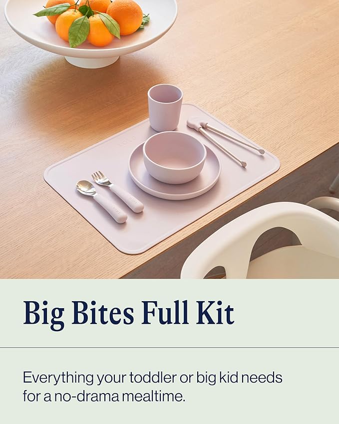 Lalo Big Bites Kids Dinnerware Full Set - Dishwasher Safe, BPA Free, Kids Tableware Set - Includes Stackable Bowl, Plate, Utensils & Cup - 7 Pieces - Oatmeal