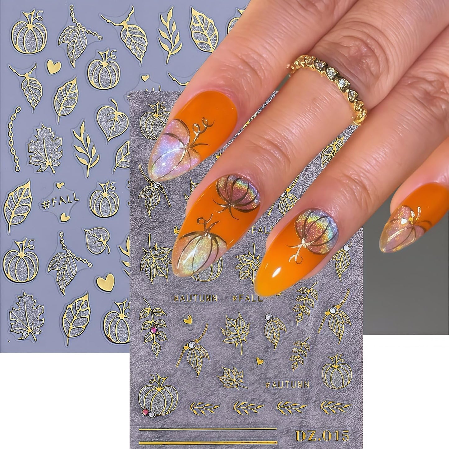 Fall Nail Art Stickers 2 Sheets Gold Pumpkin Nail Decals 3D Self-Adhesive Thanksgiving Day Nails Art Decorations with Glitter Rhinestone Pumpkin Maple Leaf Pattern Nail Decals for Women Holiday DIY