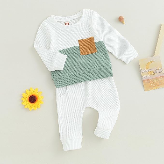 Toddler Baby Boy Fall Clothes Waffle Outfit Long Sleeve Color Blocking Sweatshirt Pullover Jogger Pant Set