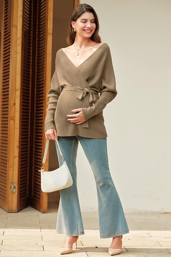 OUGES Womens Soft Cotton Blend Maternity Sweater Wrap V Neck Long Sleeve V Back Fall Shirts Pregnancy Outfits with Belt