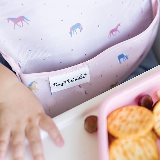 Tiny Twinkle Mess Proof Baby Bibs for Eating – Waterproof, Wipeable Toddler Bibs with Pocket – Baby Food Bibs for Girls & Boys(3 Pack,Unicorn)
