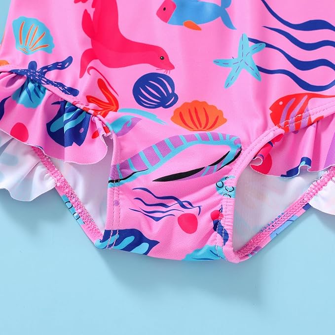 Infant Baby Girl Swimsuit One-Piece Long Sleeve Rash Guard with Hat Set Floral Zipper Bathing Suit Leopard Beach Wear