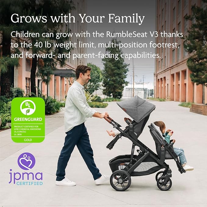 UPPAbaby RumbleSeat V3 Second Lower Seat - Compatible with Vista V2 and Vista V3 - All-Weather Seat + Magnetic Buckle – Adapters Included - Jake (Charcoal/Carbon Frame/Black Leather)