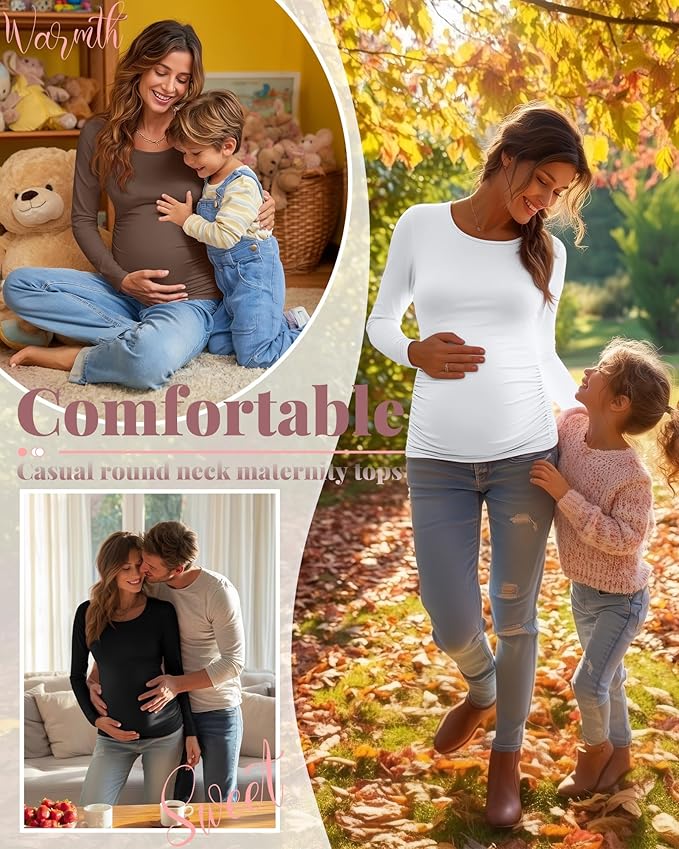 Ficerd 3 Pack Women's Maternity Shirts, Long Sleeve Side Ruched Pregnancy Tee Tops Crew Neck Casual Mama Clothes Basic Tunic