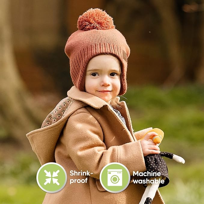 Baby Beanies, Baby Hats for Boys, Girls - Cute Toddler Winter Hat, Soft & Stretchy Beanies for Infant, Newborn 6-36 Months, Cozy & Warm with Earflap Muff & Pom (Clay)