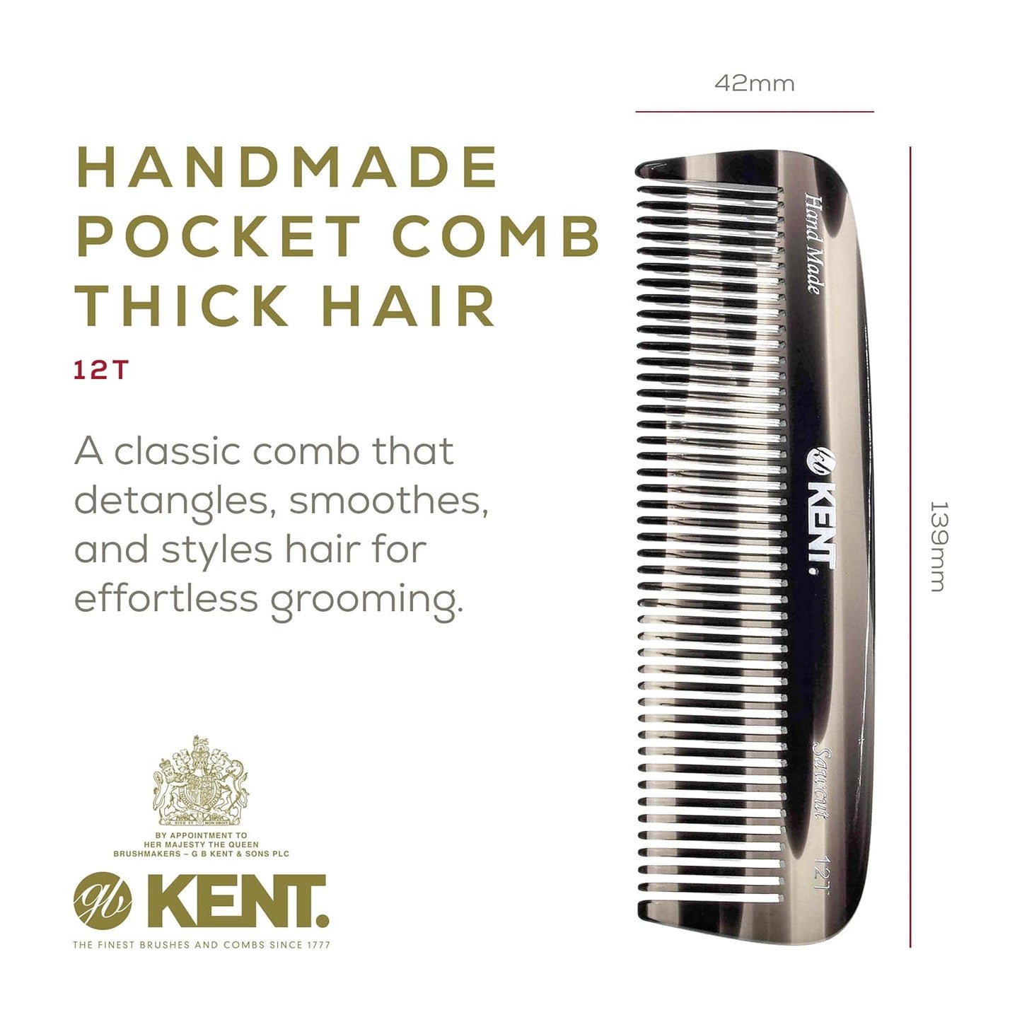 Kent 12T G Wide Tooth Detangling Comb - Handmade Pocket Comb for Thick, Curly, Wavy Hair - Large Tooth Hair and Beard Grooming Comb, Saw-Cut and Hand Polished