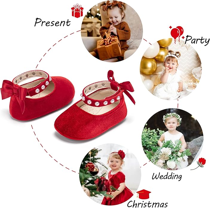 Baby Girls Mary Jane Flats - Infant Newborn Walking Shoes Soft Rubber Sole Princess Wedding