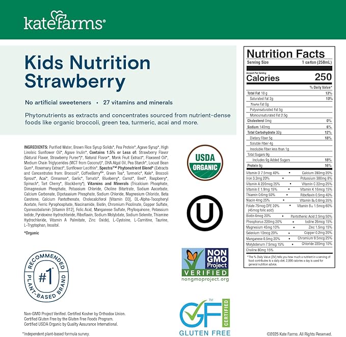 KATE FARMS Organic Kids Nutrition Strawberry Shake, 8g Protein, 27 Vitamins and Minerals, Meal Replacement, Gluten Free, Non-GMO, 8.45 oz (12 Pack)
