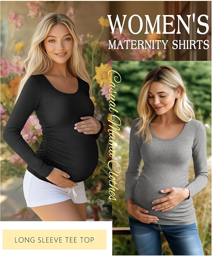 Riyiper 4 Pack Women's Maternity Shirts, Long Sleeve Cotton Ribbed Pregnancy Tee Top Crewneck Side Ruched Casual Mama Clothes