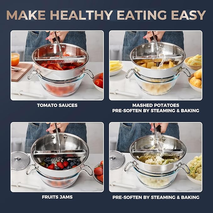 Food Mill Stainless Steel With 3 Grinding Discs and Complete Canning Supplies Starter Kit of 8-Includes Tongs, Jar Lifter, Wrench, Lid Lifter, measurer,Funnel,Labels,Multifunctional Spoon(GJ-OG-GR)