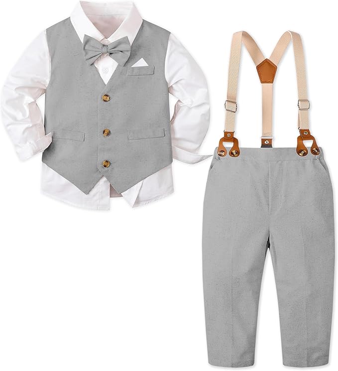 SANGTREE Boys Cotton Linen Suit Formal Set Baby Clothes Boy Gentleman Wedding Ring Bearer Outfits, 3 Months - 9 Years
