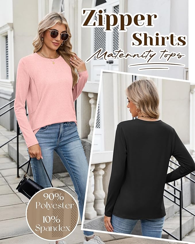 4 Pack Women's Nursing Breastfeeding Tops, Long Sleeve Maternity Shirts Loose Fit Hidden Zipper Pregnancy Clothes