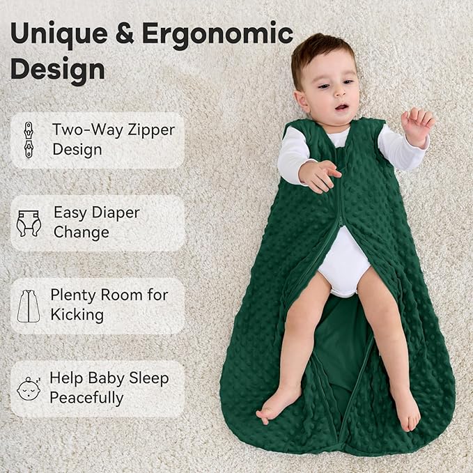 Fleece Baby Sleep Sack 0-6 Months with Plush Dots 1.5 Tog Baby Wearable Blanket with 2-Way Zipper Warm Sleeping Sack for Toddler Infant Newborn - Small, Forest Green