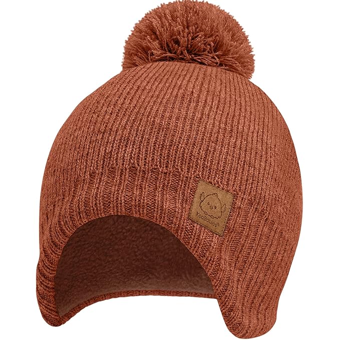Baby Beanies, Baby Hats for Boys, Girls - Cute Toddler Winter Hat, Soft & Stretchy Beanies for Infant, Newborn 6-36 Months, Cozy & Warm with Earflap Muff & Pom (Clay)