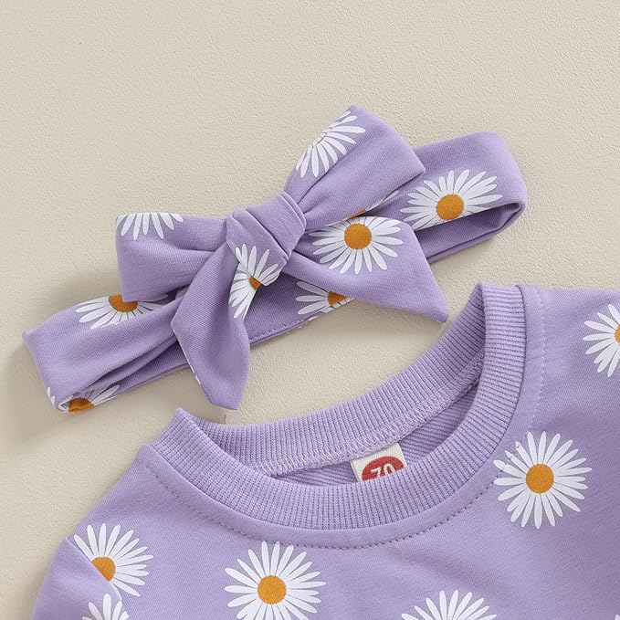 3Pcs Baby Girl Outfits Daisy Sweatshirt + Pants + Headband Infant Fall Winter Clothes