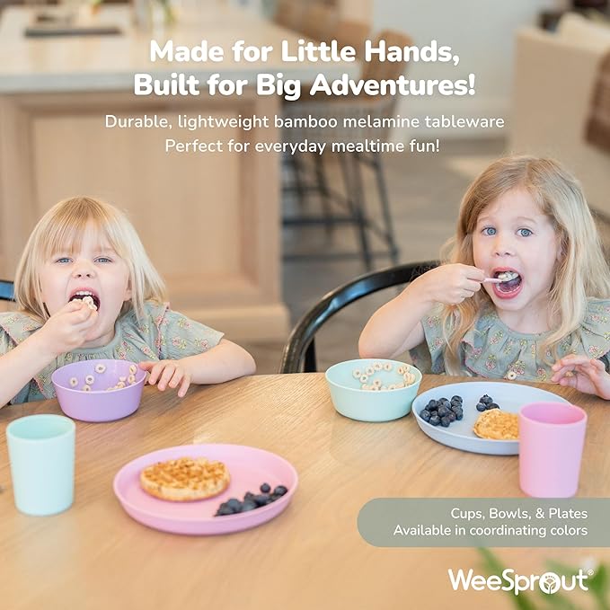 WeeSprout Bamboo Plates, Set of 4, Kid-Sized Dinnerware, Dishwasher Safe Melamine Dishware (Pink, Green, Gray, & Beige, Without Lids)