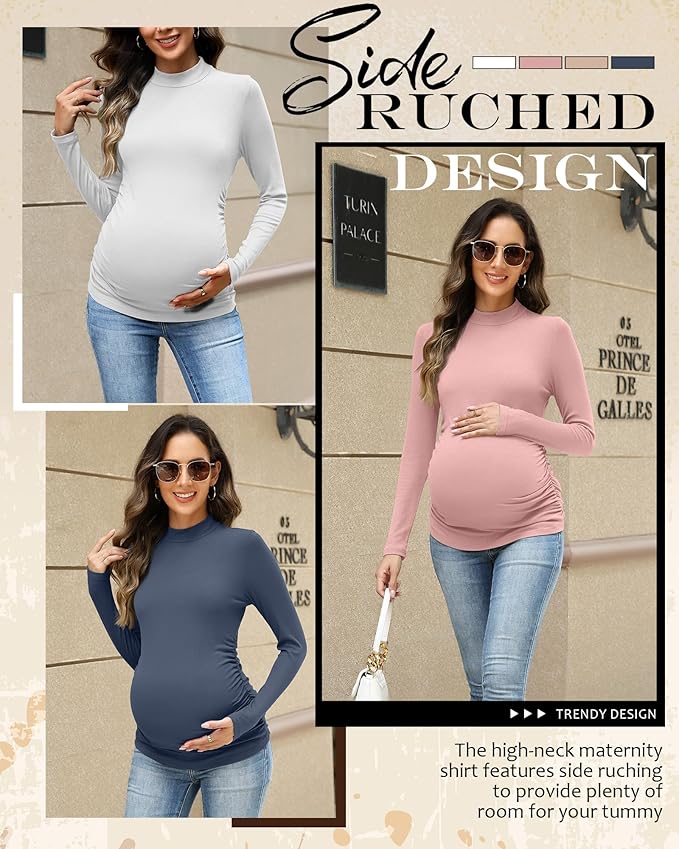 4 Packs Womens Maternity Shirts Long Sleeve Cotton Ribbed Pregnancy Mock Neck Side Ruched Workout Tops for Mama