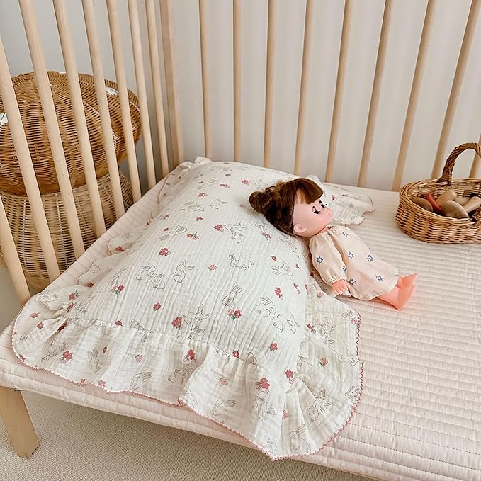 AOJIM Muslin Cotton Kids Toddler Pillowcase with Floral and Rabbit Pattern, Super Soft Comfy Ruffle Edge Nursery Pillowcase for Boys and Girls, Machine Washable Baby Bedding Pillowcase 1pc, 20"x14"