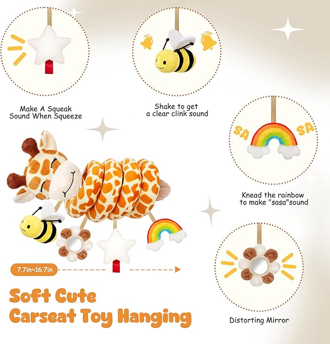 Stuffed Spiral Car Seat Baby Toys 0-6 Months, Infant Carseat Sensory Toys Hanging Stroller Accessories, Newborn Shower Gifts for Baby Boys Girls Essentials | Cute Colorful Giraffe