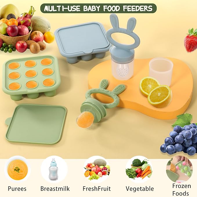 WAJIAYON Baby Breastmilk Popsicle Molds & Baby Fruit Feeder (3 Pack), Baby Food Freezer Tray Storage Containers, Silicone Teething Pacifier Feeder and Teether for Babies,Baby Feeder - Green