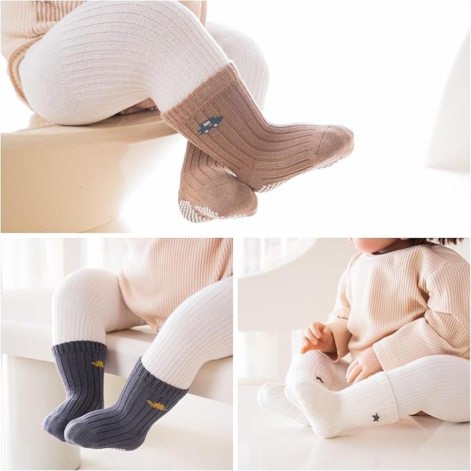Baby Crew Socks,Grips Combed Cotton Socks Toddler Non-Skid for Girls,Boys Non Slip/Anti Skid 9-Pack