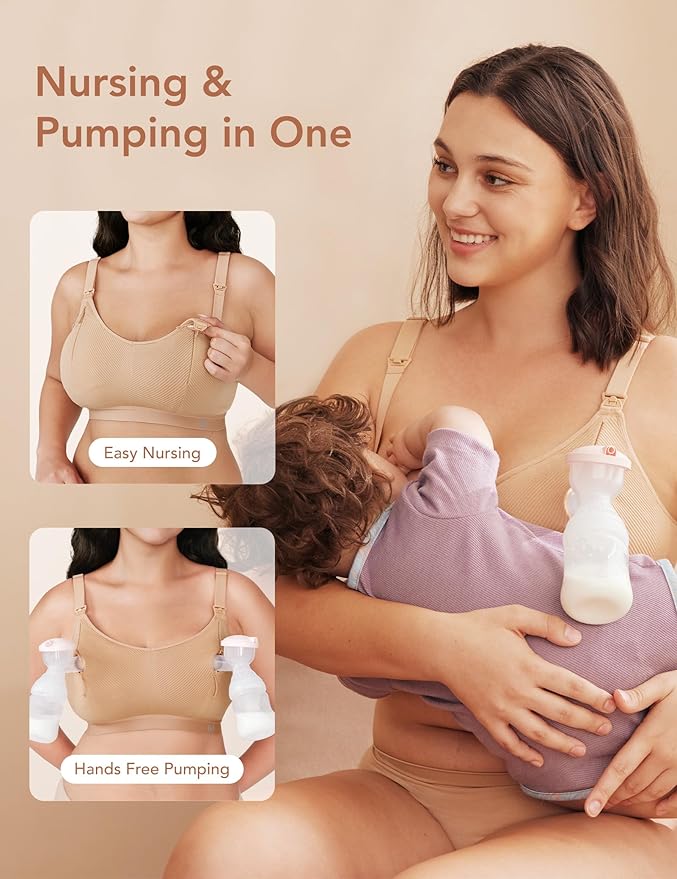 Pumping Bra Hands Free Zip Opening Seamless Nursing Bras for Breastfeeding High Support Nursing & Pumping Bra in One
