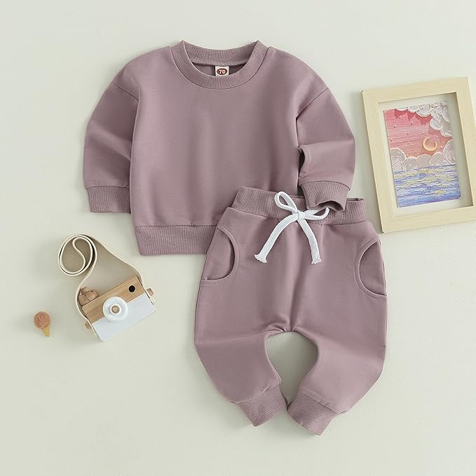 Fernvia Toddler Baby Girl Clothes 3 6 9 12 18 24 Months Fall Outfits Solid Long Sleeve Sweatshirt Tops + Pants Set