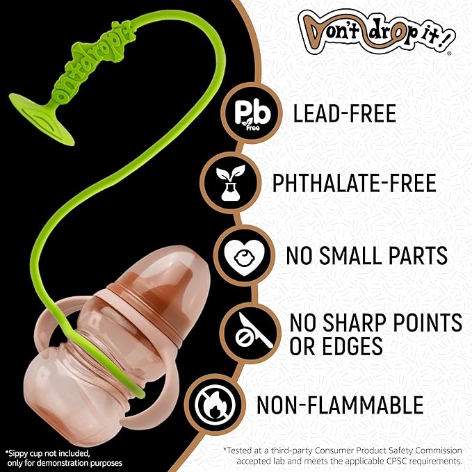 Don't Drop It ® Silicone Suction Cup Strap Tether - Keep Cups, Bottles, Toys, and More from Hitting The Floor - Easily Attaches to Smooth Sufaces on High Chairs, Tables, Bouncers, Walker Trays, etc.