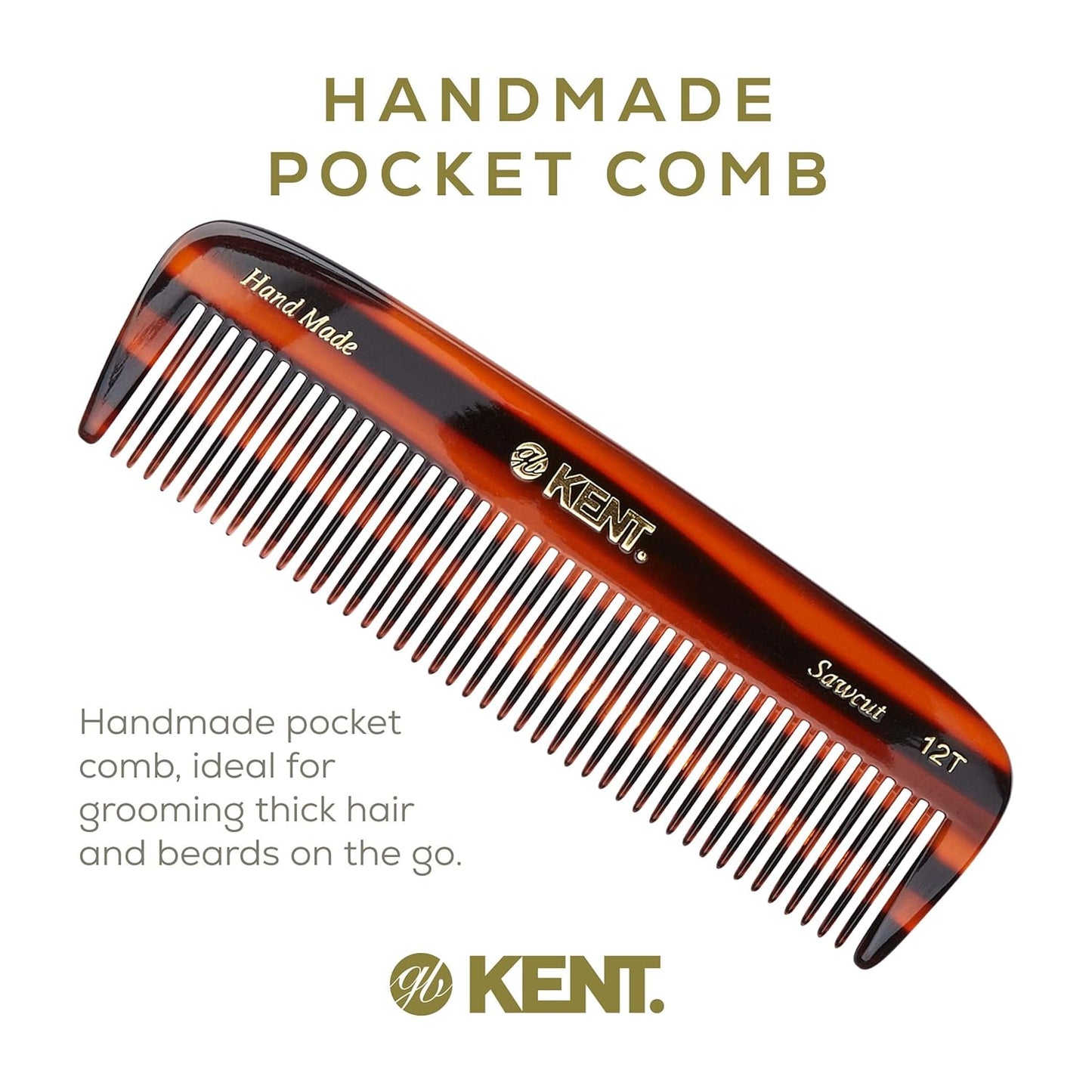 Kent 12T Tortoise Pocket Comb - Handmade Wide Tooth Hair Comb for Men, Women, and Kids - Travel, Beard, and Mustache Comb - Saw Cut and Hand Polished Made in England