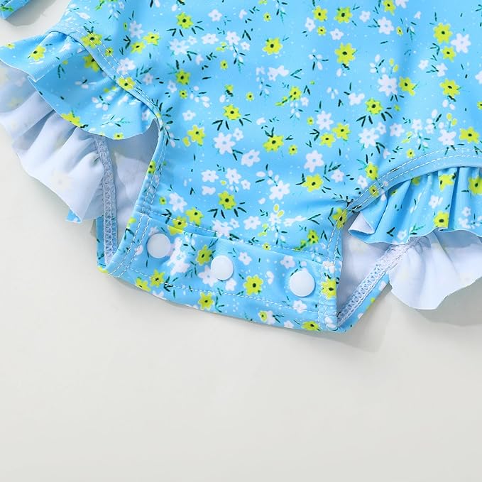 Infant Baby Girl Swimsuit One-Piece Long Sleeve Rash Guard with Hat Set Floral Zipper Bathing Suit Leopard Beach Wear