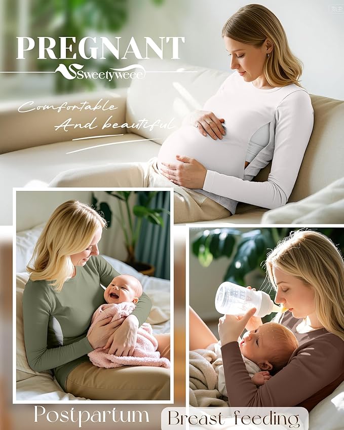 4 Pack Women's Nursing Breastfeeding Tops, Long Sleeve Maternity Shirts Loose Fit Hidden Zipper Pregnancy Clothes