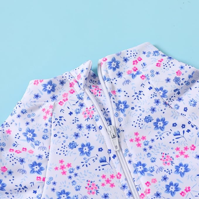 Infant Baby Girl Swimsuit One-Piece Long Sleeve Rash Guard with Hat Set Floral Zipper Bathing Suit Leopard Beach Wear