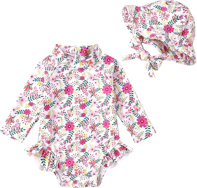 Infant Baby Girl Swimsuit One-Piece Long Sleeve Rash Guard with Hat Set Floral Zipper Bathing Suit Leopard Beach Wear