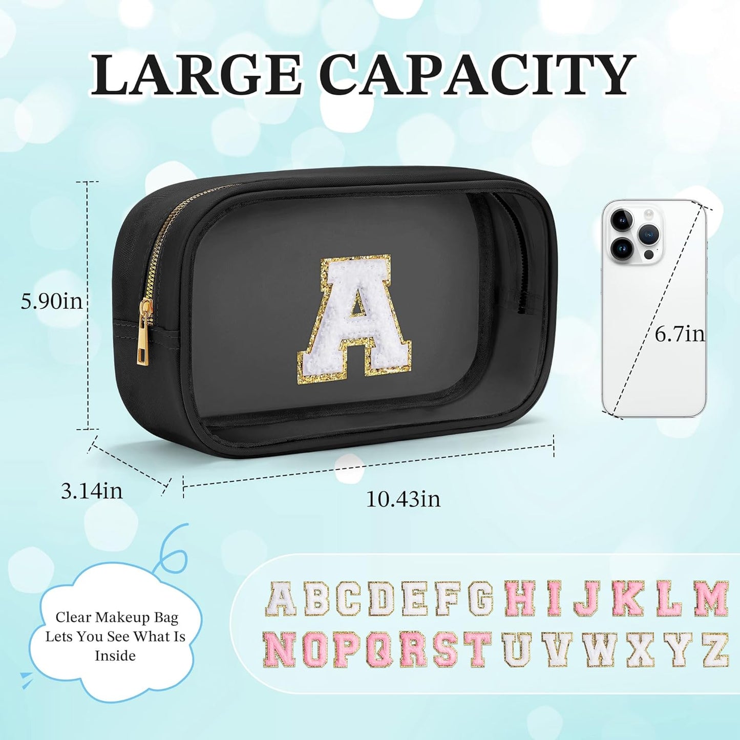 YOOLIFE Initial Makeup Bag Travel Toiletry Bag Clear Makeup Bag Cosmetic Bags Travel Essentials Gifts for Girls Teen Girlfriend Teacher Birthday Birthday Gifts for Kids Black Graduation Gifts A