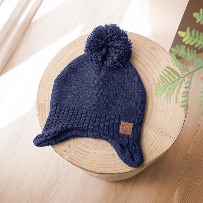 Baby Beanies, Baby Hats for Boys, Girls - Cute Toddler Winter Hat, Soft & Stretchy Beanies for Infant, Newborn 6-36 Months, Cozy & Warm with Earflap Muff & Pom (Navy)
