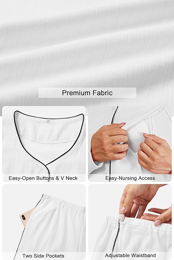 OUGES 100% Cotton Women's Maternity Nursing Pajamas Sets Button Down Breastfeeding Loungewear Top & Pants with Pockets