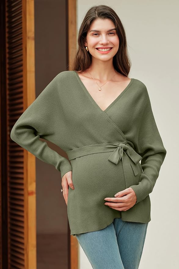 OUGES Womens Soft Cotton Blend Maternity Sweater Wrap V Neck Long Sleeve V Back Fall Shirts Pregnancy Outfits with Belt