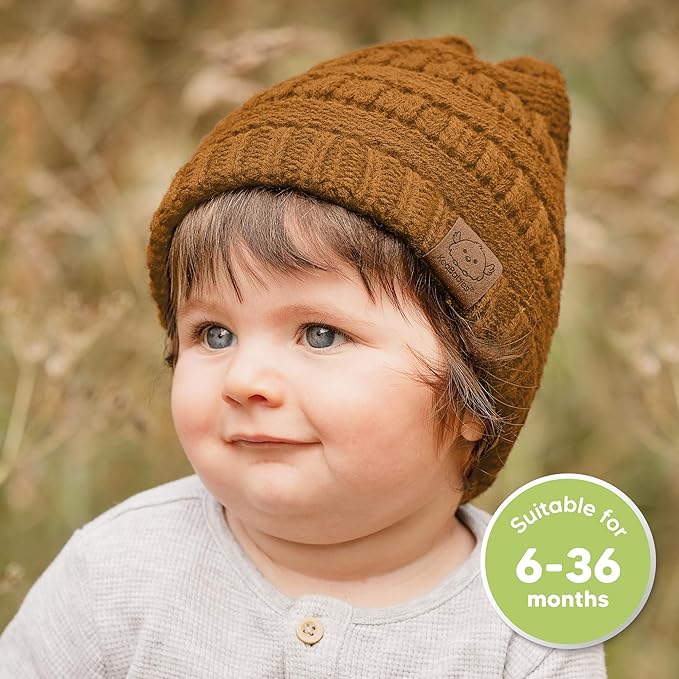 3-Pack Baby Beanies for Boys, Girls - Stretchy Knit Baby Hats, Cute Newborn & Toddler Winter Hat, Soft & Warm Infant Beanie 6-36 Months (Latte, M)