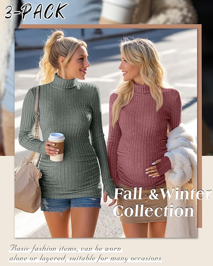 3 Pack Maternity T-Shirts Pregnancy Tops Women Sweater Long Sleeve Turtleneck Ribbed Finger Sleeve Outfits