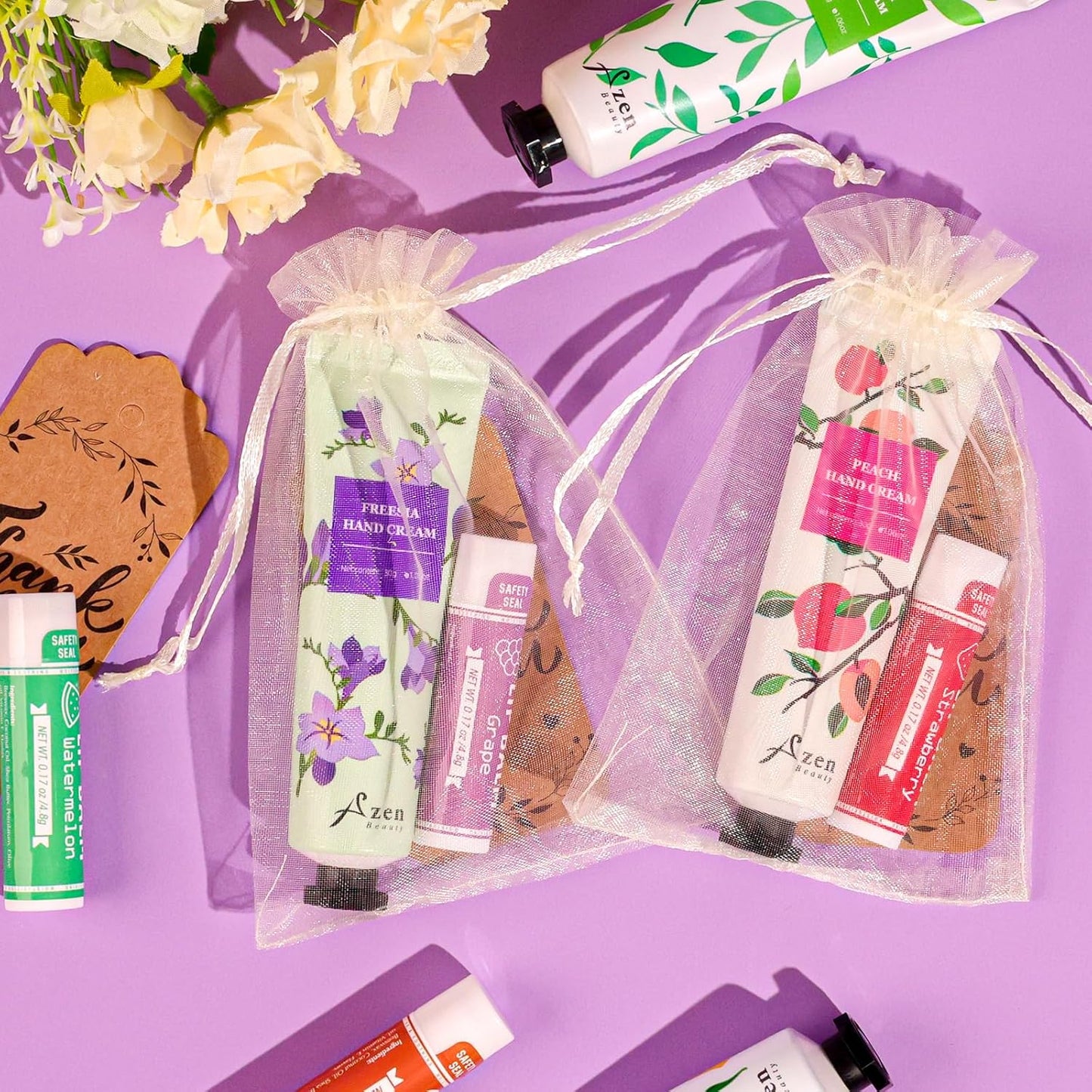 AZEN 30 Sets Bulk Gifts, Hand Cream and Lip Balm Bulk Set with Organza Bag Thank You Card, Baby Shower Wedding Gifts for Guests, Bridal Wedding Favors for Guests,Thank You Gifts for Women