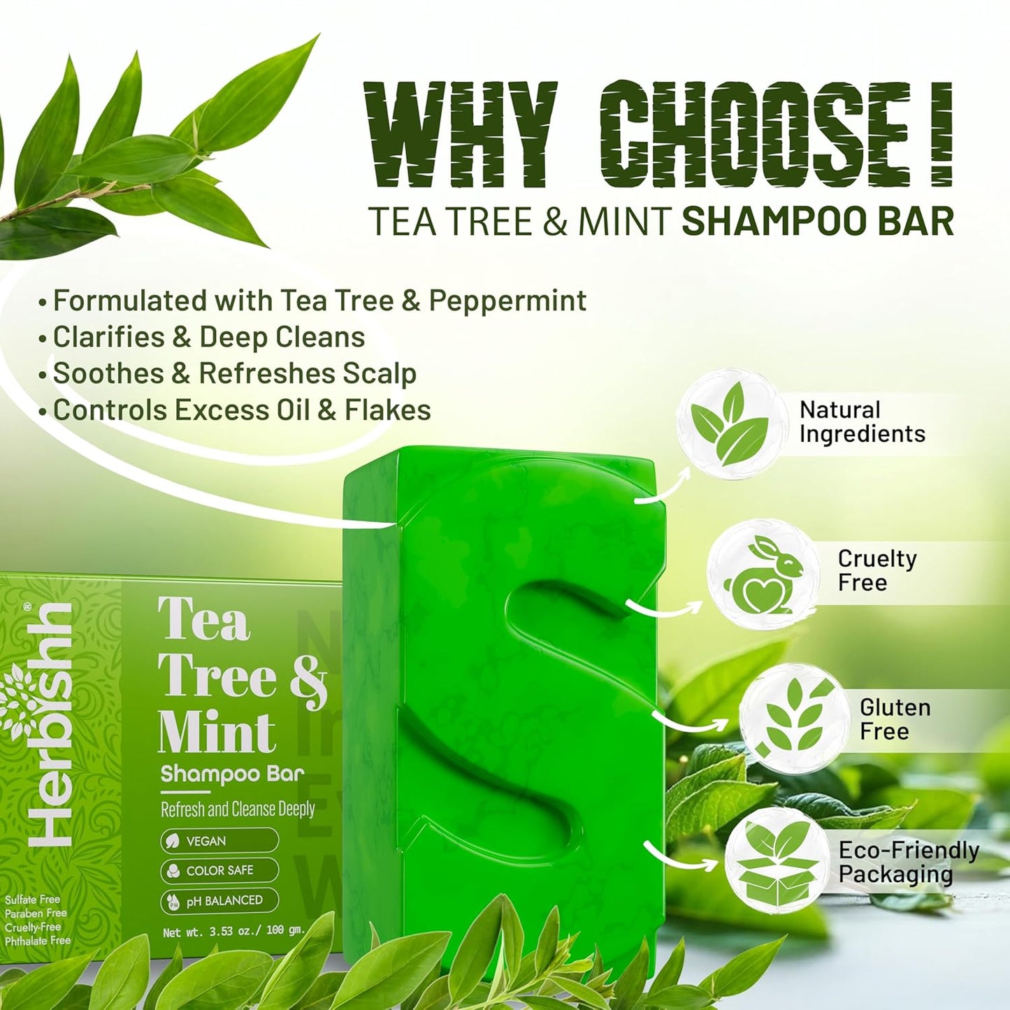 Herbishh Tea Tree & Mint Shampoo Bar – Tea Tree Oil Soap Bar for Oily Hair & Scalp Cleanse – Solid Travel Size Shampoo for Men & Women – Minty Deep Cleansing, 3.53 oz