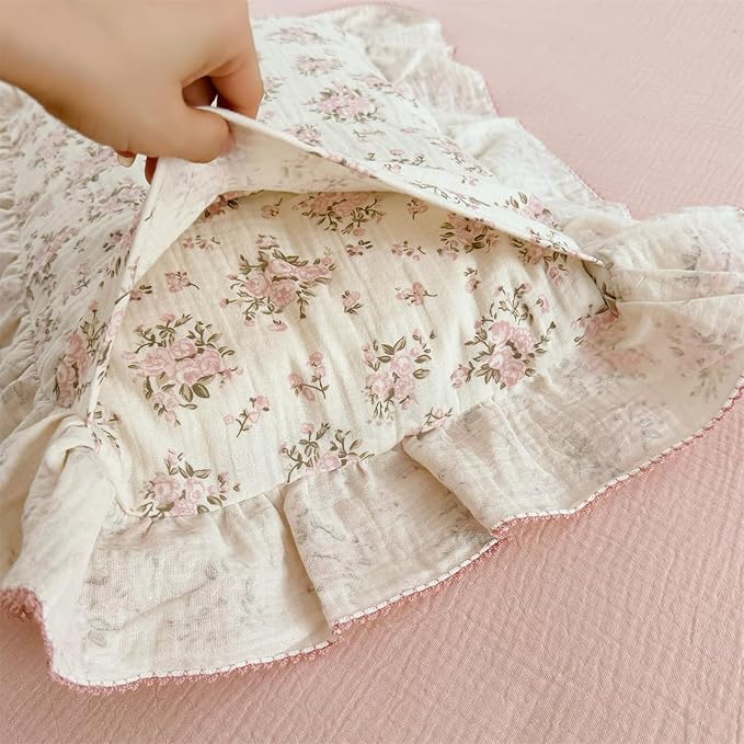 AOJIM Pink Floral Kids Toddler Pillowcase 1 Piece Super Soft Muslin Cotton Bedding Pillowcase with Ruffle Edges, Durable Nursery Pillowcase Aesthetic Print Kids Pillow Cover for Room Decor, 26X20 Inch