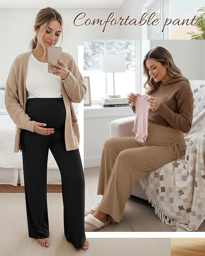 Neer 3 Pack Women's Maternity Pants Over The Belly Loose Pregnancy Pants Stretchy Lounge Wide Leg Trousers with Pockets