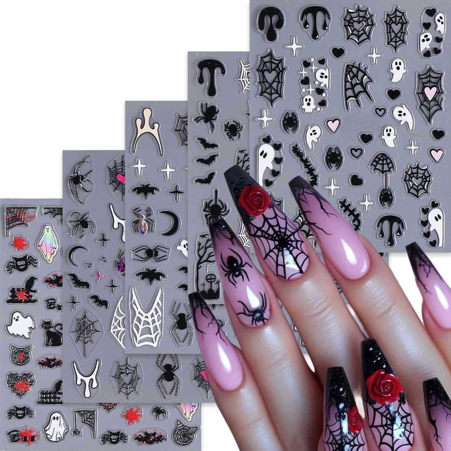Embossed Halloween White Ghost Nail Stickers Decals Black Spider Web Bat Nail Art Sticker Decal Blood Drop Nails Sticker Self-Adhesive Spider Nails Decal for Women Halloween Decor