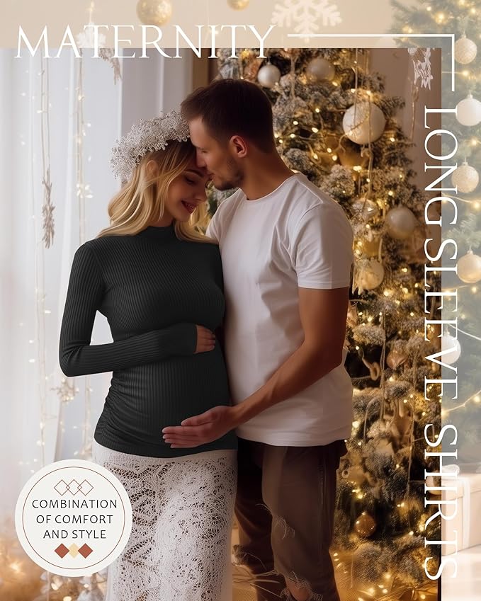 4 Packs Womens Maternity Shirts Long Sleeve Cotton Ribbed Pregnancy Mock Neck Side Ruched Workout Tops for Mama