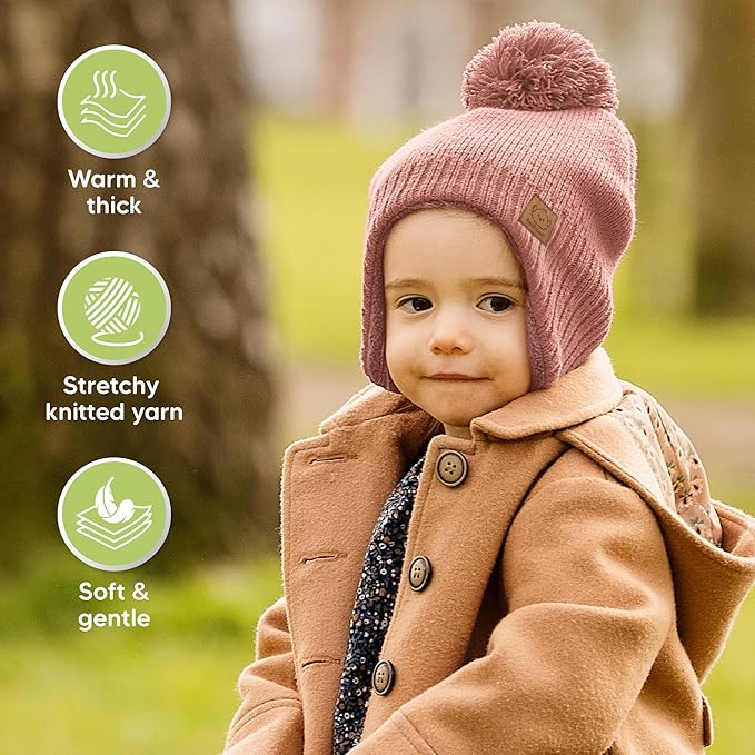 Baby Beanies, Baby Hats for Boys, Girls - Cute Toddler Winter Hat, Soft & Stretchy Beanies for Infant, Newborn 6-36 Months, Cozy & Warm with Earflap Muff & Pom (Tea Rose)